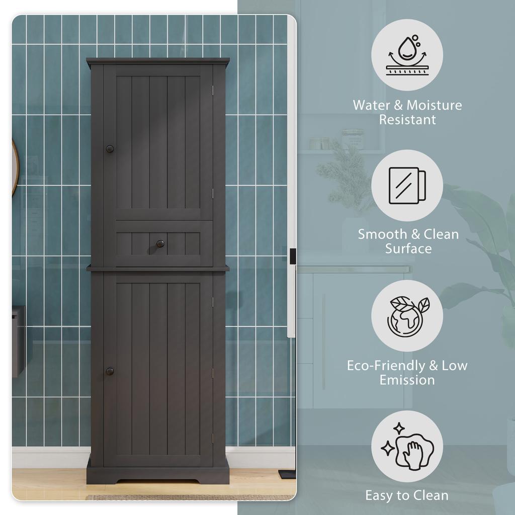 Badezimmerschrank 56 x 28 x 167,3 cm, feuchtigkeitsbeständig lackiert, Ober- und Unterschrank + mittleres Fach, verstellbare Einlegeböden, schwarze Griffe.