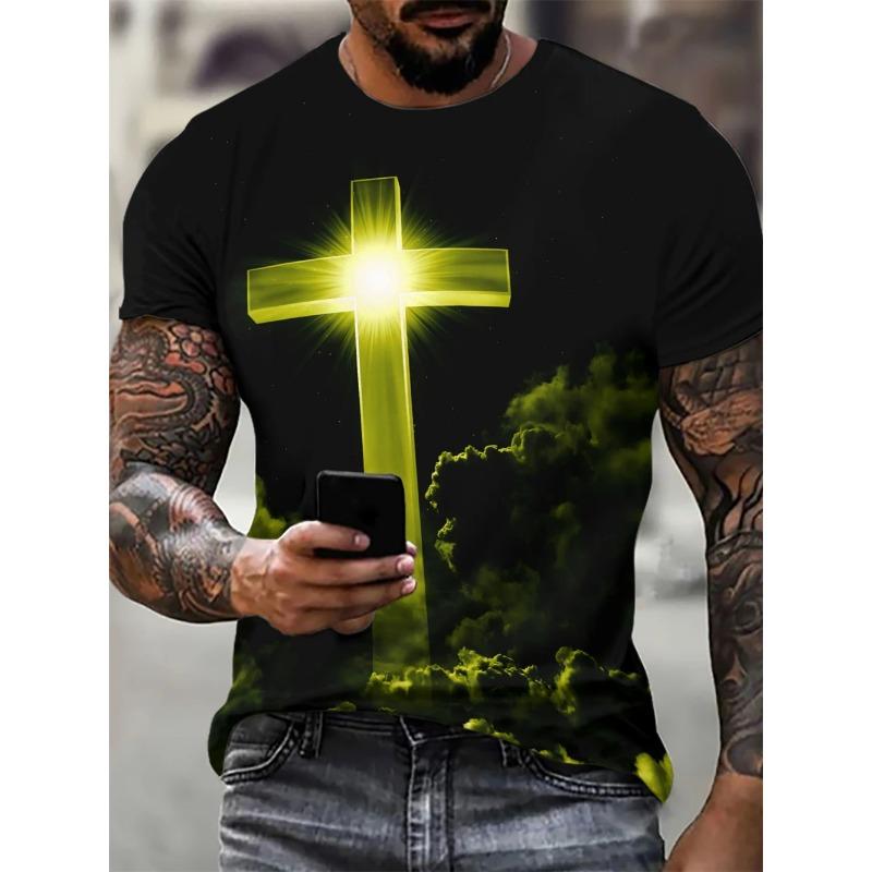 Sommar Rund Hals 3D Gotisk Jesus Kristus Kors Tryck Topp Trendig Casual Kortärmad Herr T-shirts