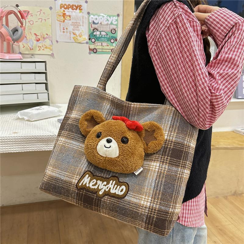 Bear Shoulder Bag Women's Bag Vintage Plaid Tote Bag