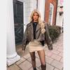 Women's Washed Leather Jacket with Belt, Short Coat with Downgraded Zipper and Vintage Lapel Jacket