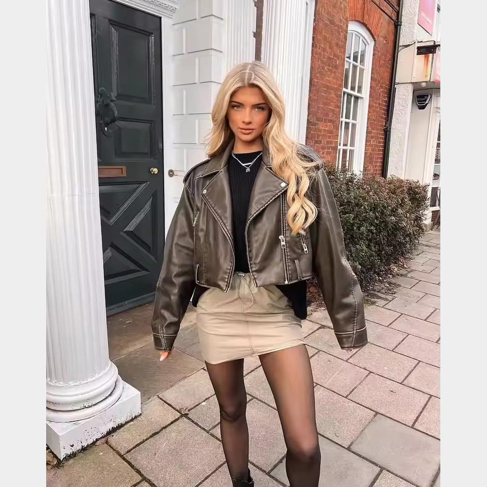 Women's Washed Leather Jacket with Belt, Short Coat with Downgraded Zipper and Vintage Lapel Jacket