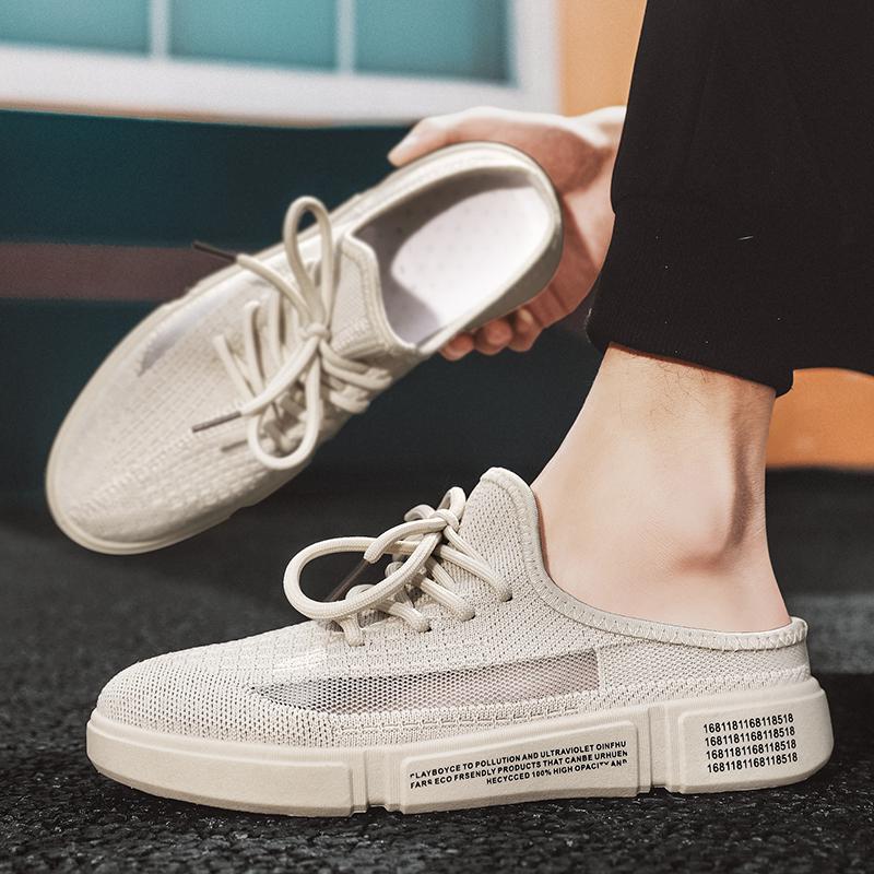 Trendy Breathable Antimicrobial Men's Mesh Shoes 2025 Summer Slip-On Backless Canvas Slide Sandals