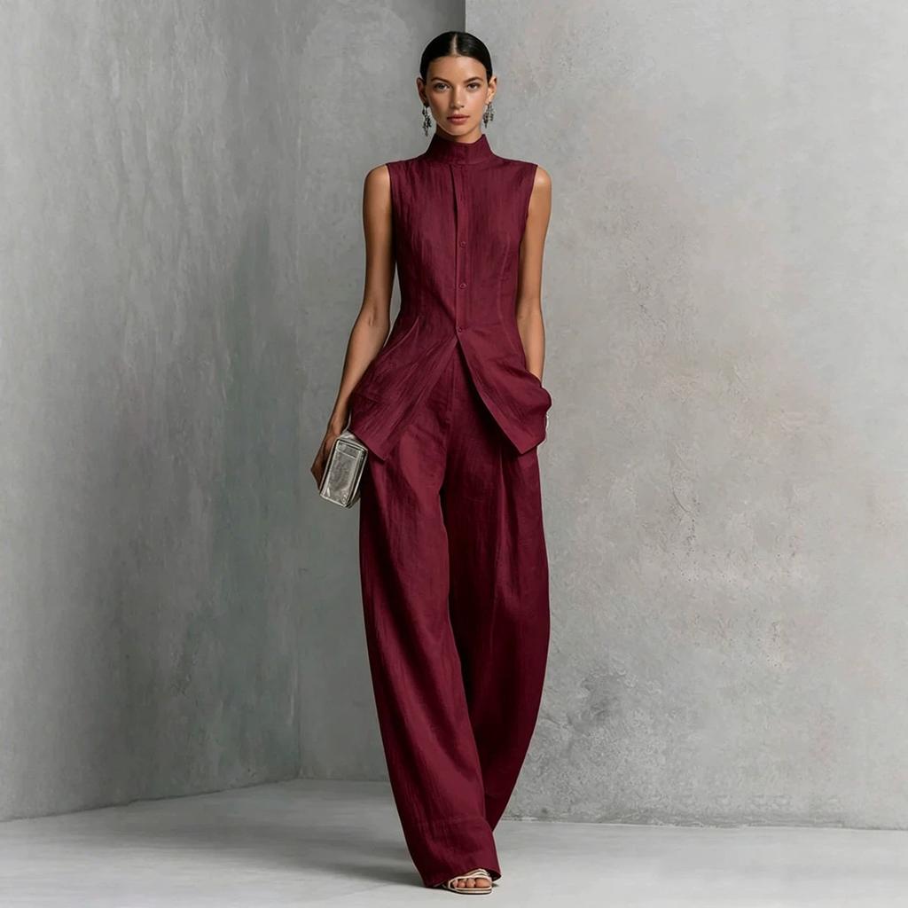 1116 European and American drape cotton and linen shirt solid color fashion temperament sleeveless trousers suit