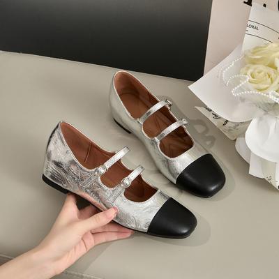 Inner Height Increase Silver Single Shoes Women's Small Fragrant Mary Jane Shoes French Temperament Retro Height Increase Short Light Mouth