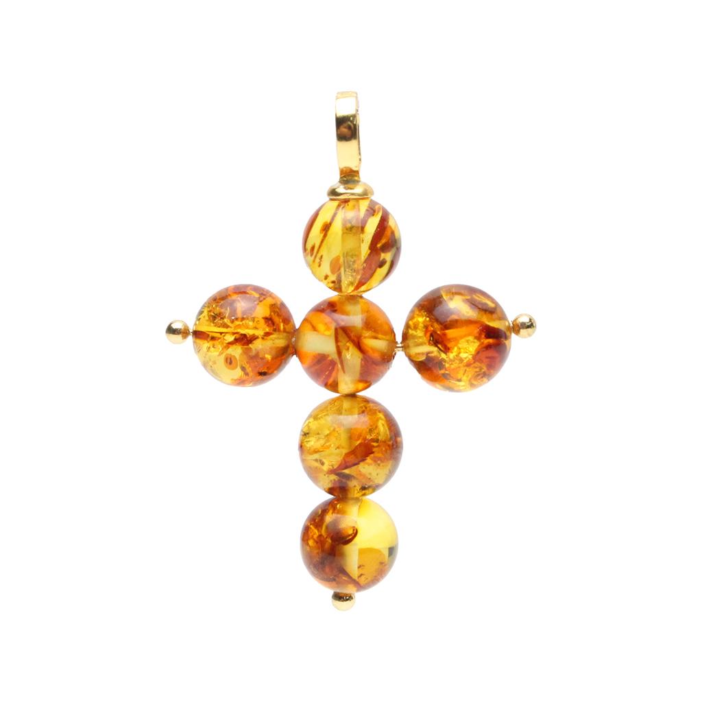 Bien Vetu Baltic Gold Amber Cross Pendant 8Mm, 925 Silver Finish