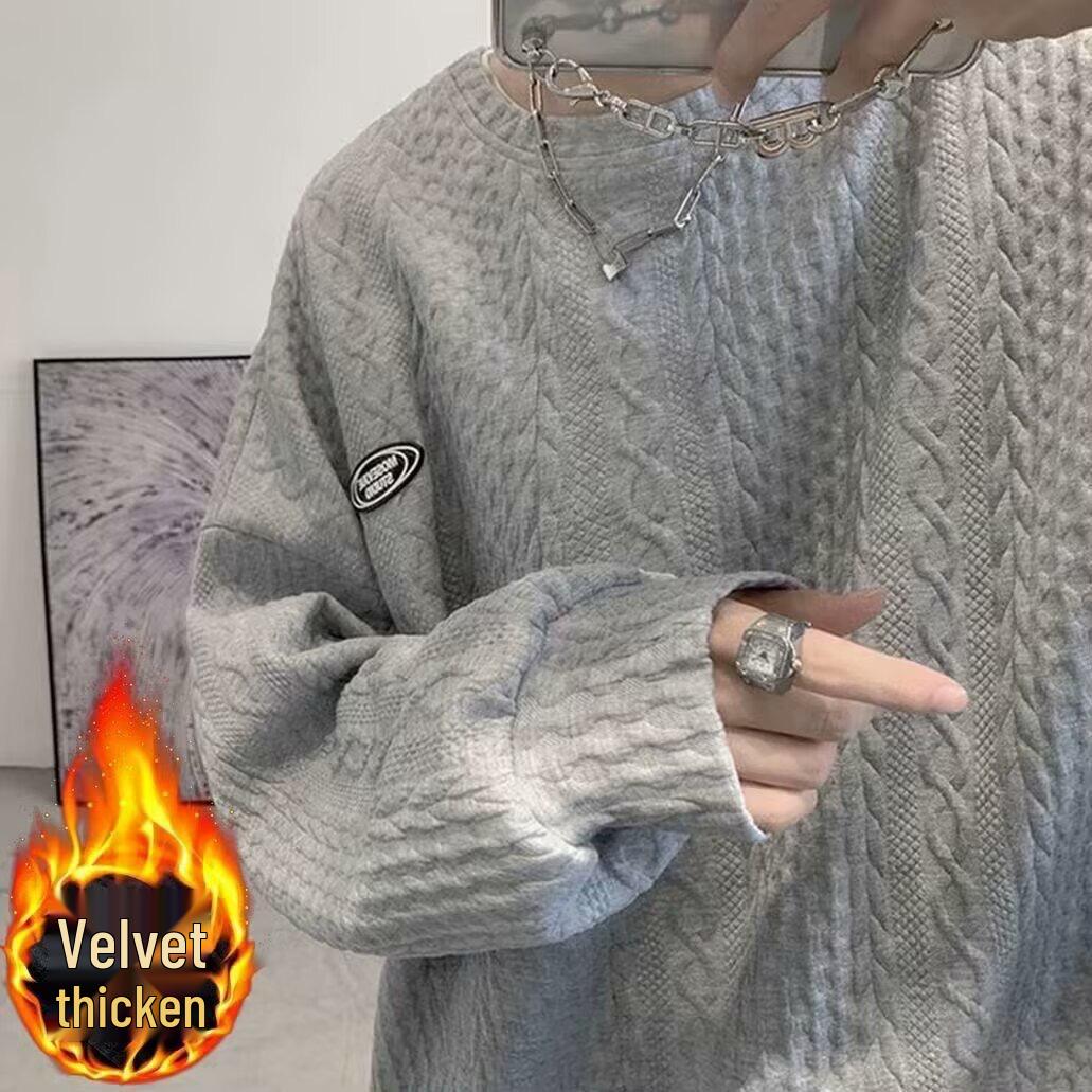 Men s Cross-Border Plus Velvet Hoodie, Round Neck Waffle Knit Base Layer, Korean Style Trendy Loose Jacket Top. M