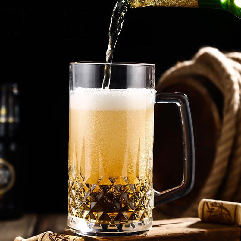 550ml Transparent Beer Cup Bar Craft Beer Glass Creative Drinkware Diamond Carved Wine Glass Thick Bottomed Tea Mug with Handle