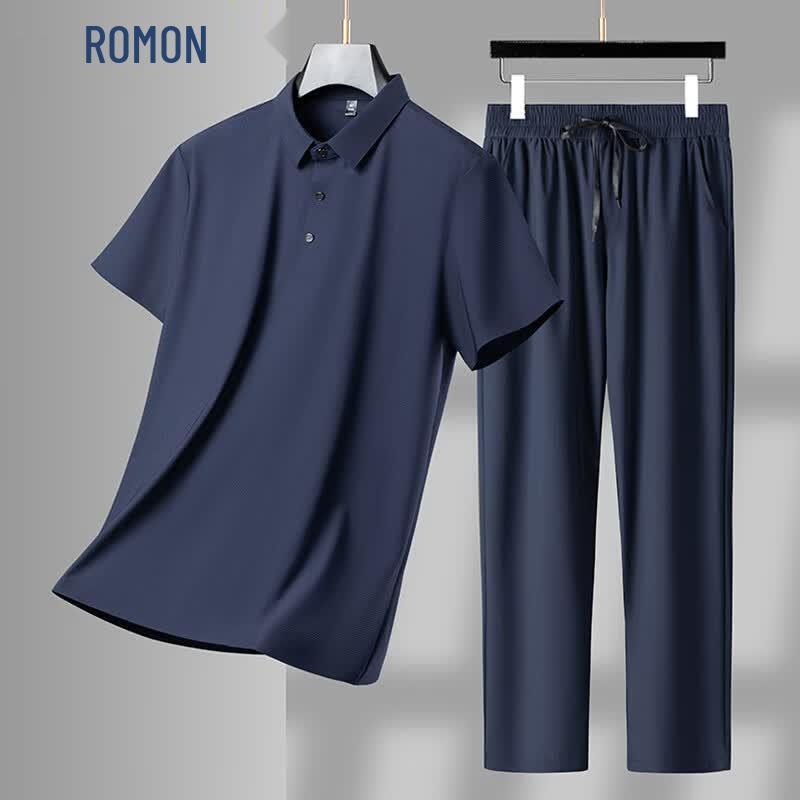 

ROMON Men s Ice Silk Polo Shirt & Shorts Set 190