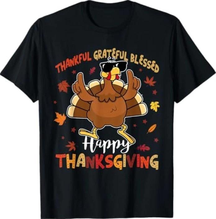 Thankful Grateful Blessed Happy Thanksgiving Turkey Gobble T-Shirt M