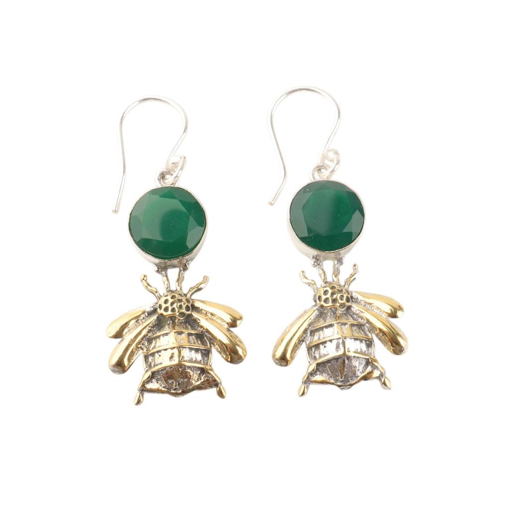 925 Sterling Silver Handcrafted Natural Green Onyx Gemstone Dangle Earrings 2" EE-154-17