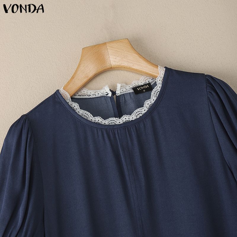 VONDA Women Lace Hem Round Neck Casual Short Sleeve Ruffled Blouse