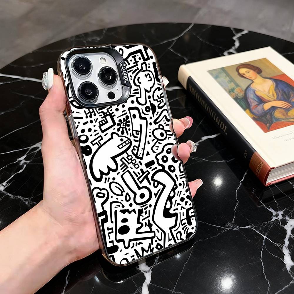 

Black White Graffiti Art Phone Case For iPhone 17,16,15,14,13,12,11 Plus,Pro Max,XS,Colorful Silver Black Cover iPhone12