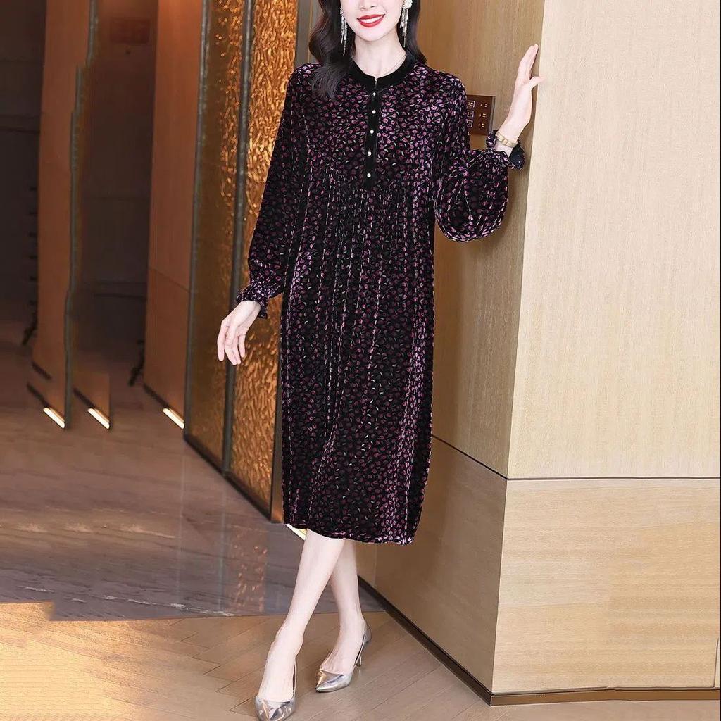 Spring Autumn Women's Plus Size Dress Gold Velvet Polka Dot Print Dress Loose Retro Mid-Length A-Line Dress