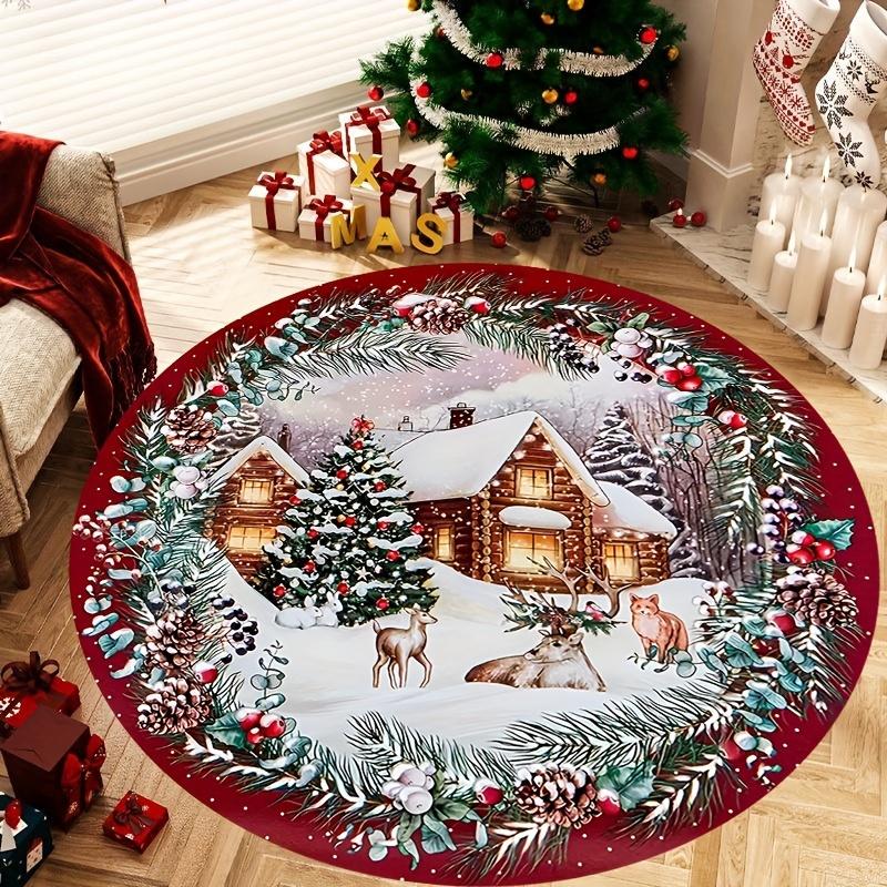 1Pcs Christmas Snowman Pattern Round Area Rug Indoor Non-Slip Washable Fiber Carpet Soft Comfortable Mat For Bedroom Living Room