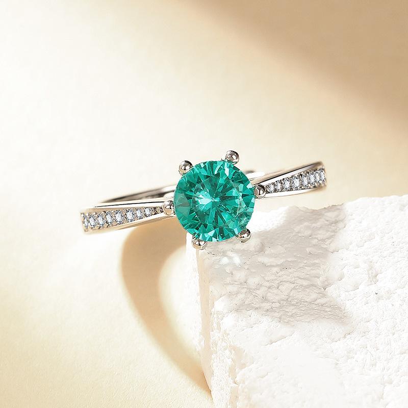 Popular imitation Maldives blue-green imitation Paraiba, classic 1-carat six-claw women s ring