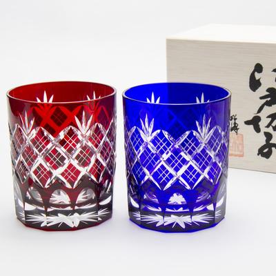 Tajima Glass Tajima Glass Edo Kiriko vrstvený vzor šipky/chryzantémové dno, pár starých sklenic TG04-24-2