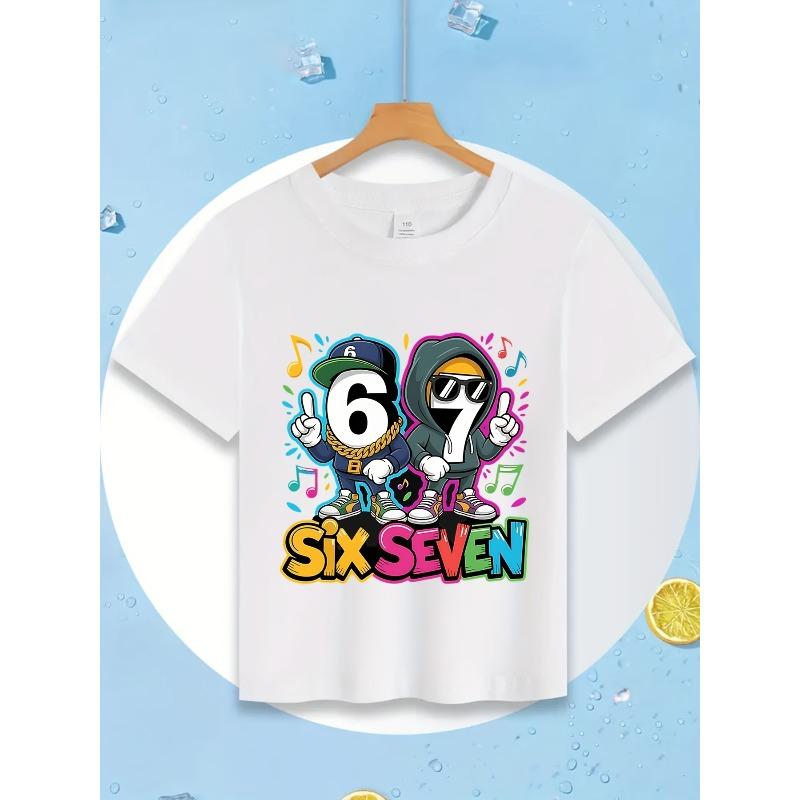 European Sizes Boys' Casual Short Sleeve T-Shirt - Stretchy & Breathable Summer Top with Hip-Hop Style Number "67" Graphic, Round Neck Kids' Tee