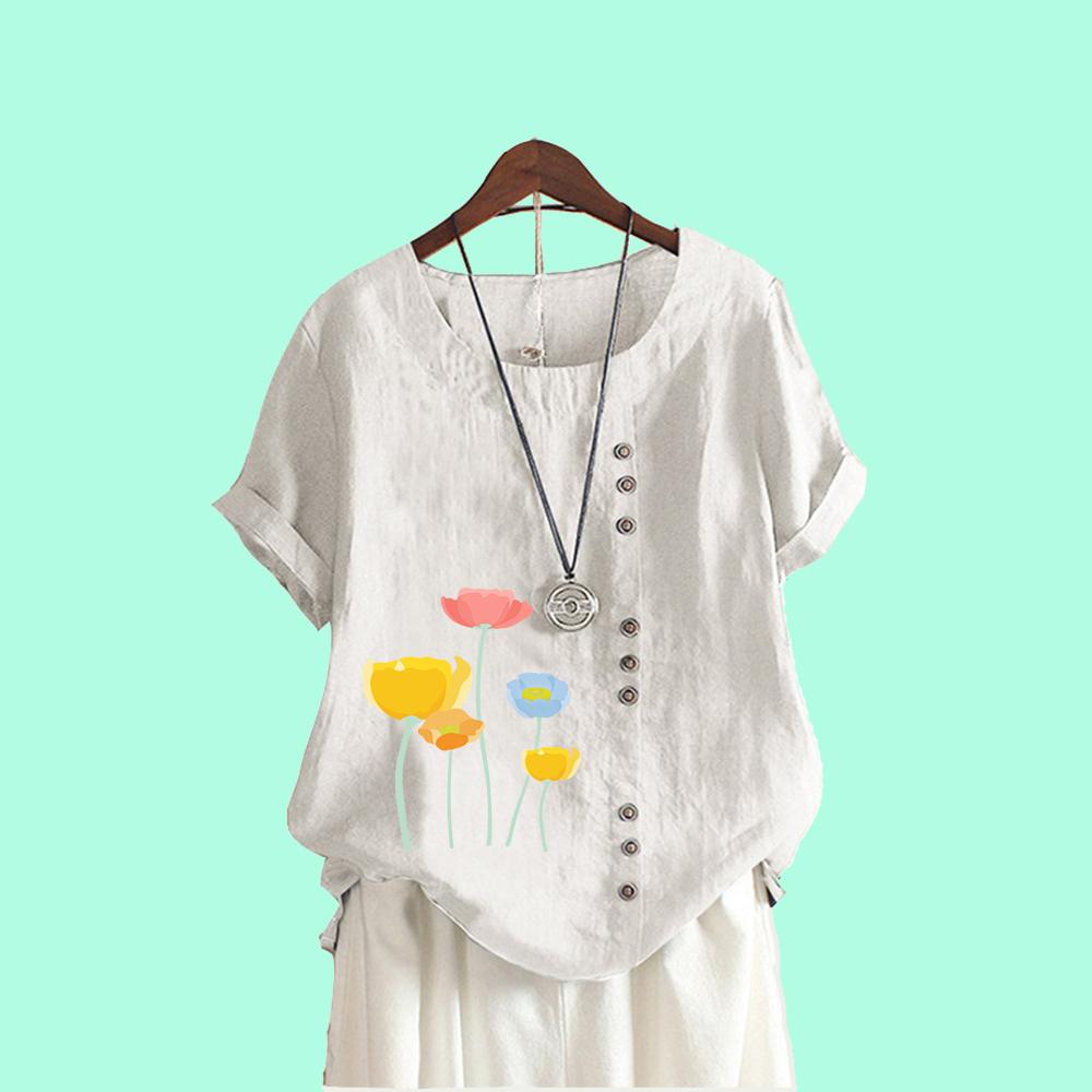 Women Casual Print T-shirt Summer Fashion Short Sleeve Top Round Collar Loose Plus Size Blouses