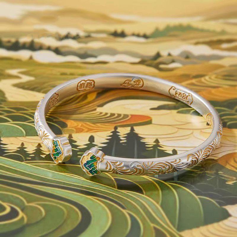 Ruyi Qianli Jiangshan Tang grass pattern auspicious bracelet women's retro new Chinese enamel color gold bracelet mother gift