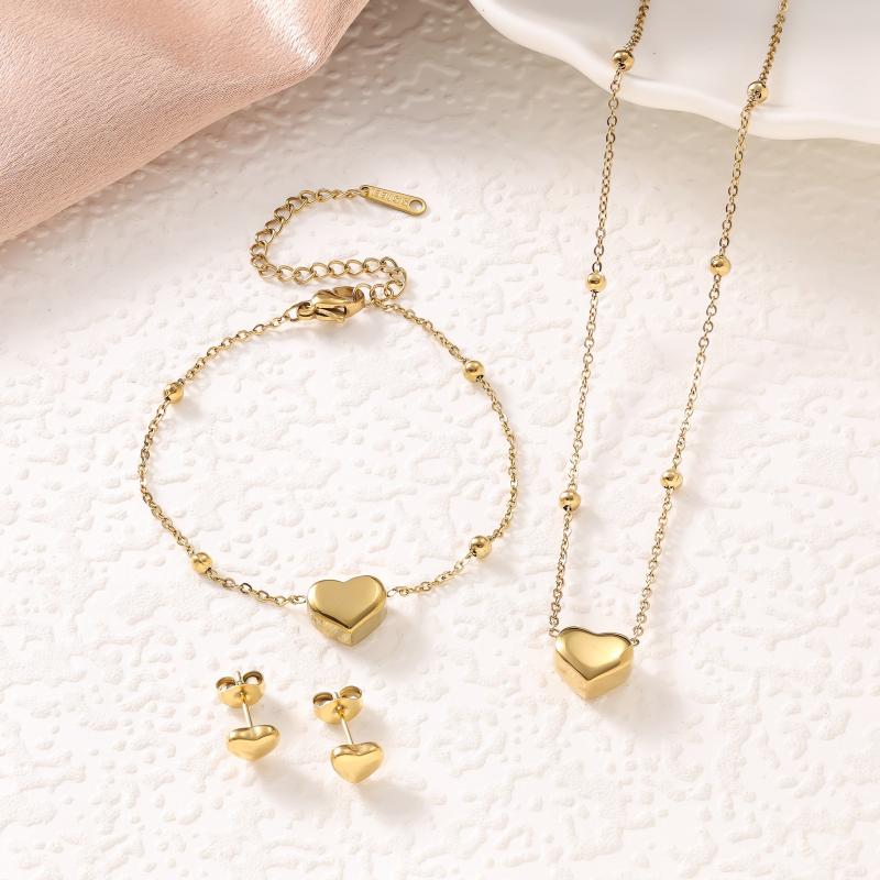 Stainless Steel Gold Color Heart Love Chain Necklace Bracelets Earrings For Women Girl   Non-Fading Jewelry Set