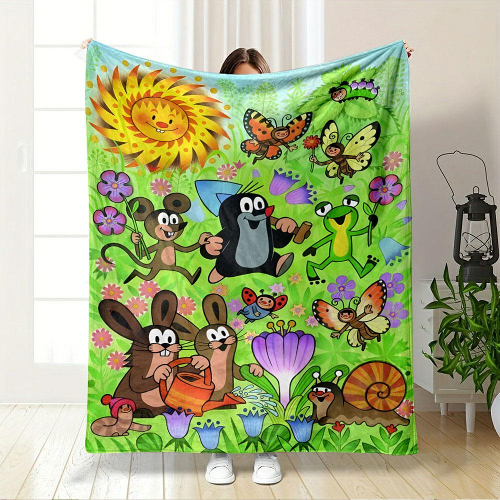Smiling Animals and Insects Among Flowers In a Cheerful, Sunny Scene. for All Seasons Blanket Lunch Break Throw Gift