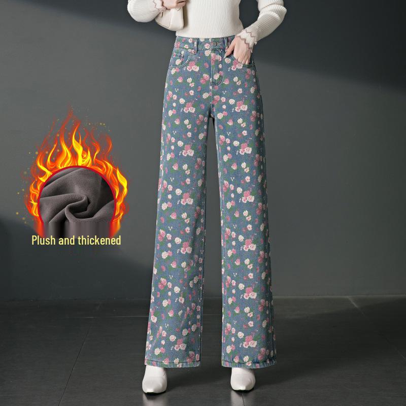 Women s Winter Floral Fleece-Lined Wide-Leg Denim Pants - Slimming & Petite Fit L цветочные печати