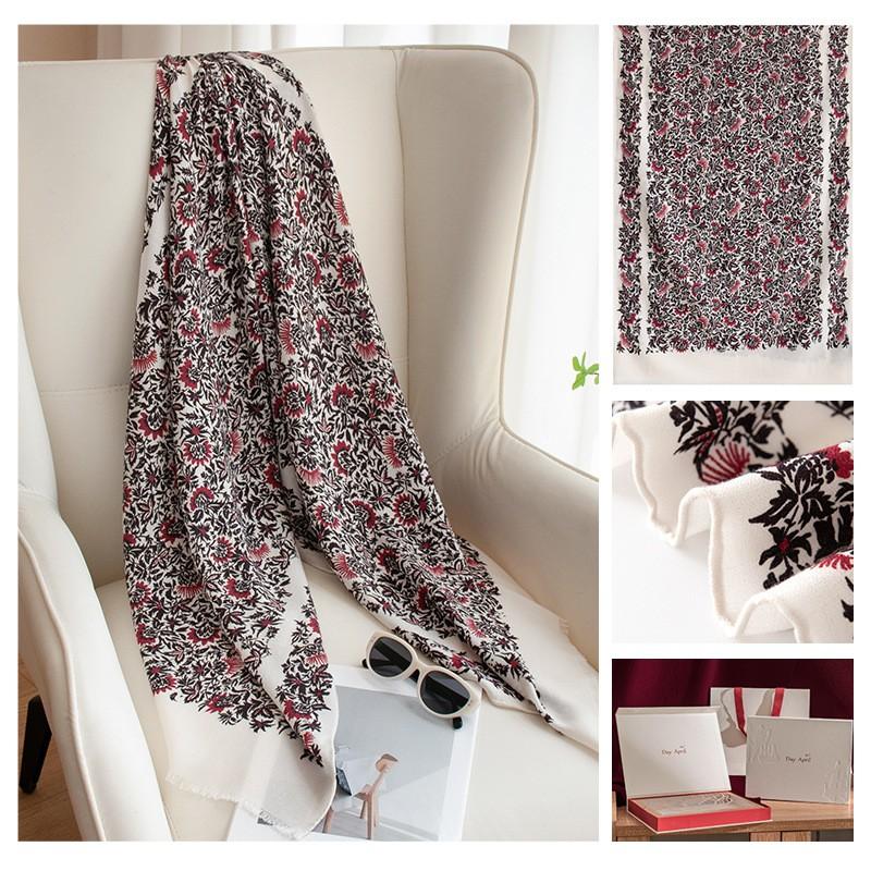 Elegant Silk Wool Scarf Vintage Print Warm Sun Protection Commute Shawl