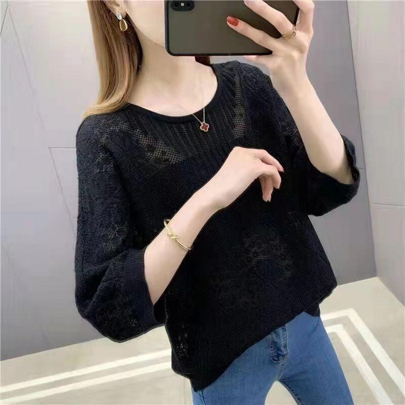 Spring and summer seven-quarter sleeve t-shirt loose hollow blouse thin crew neck fashion versatile women's knitted sweater top