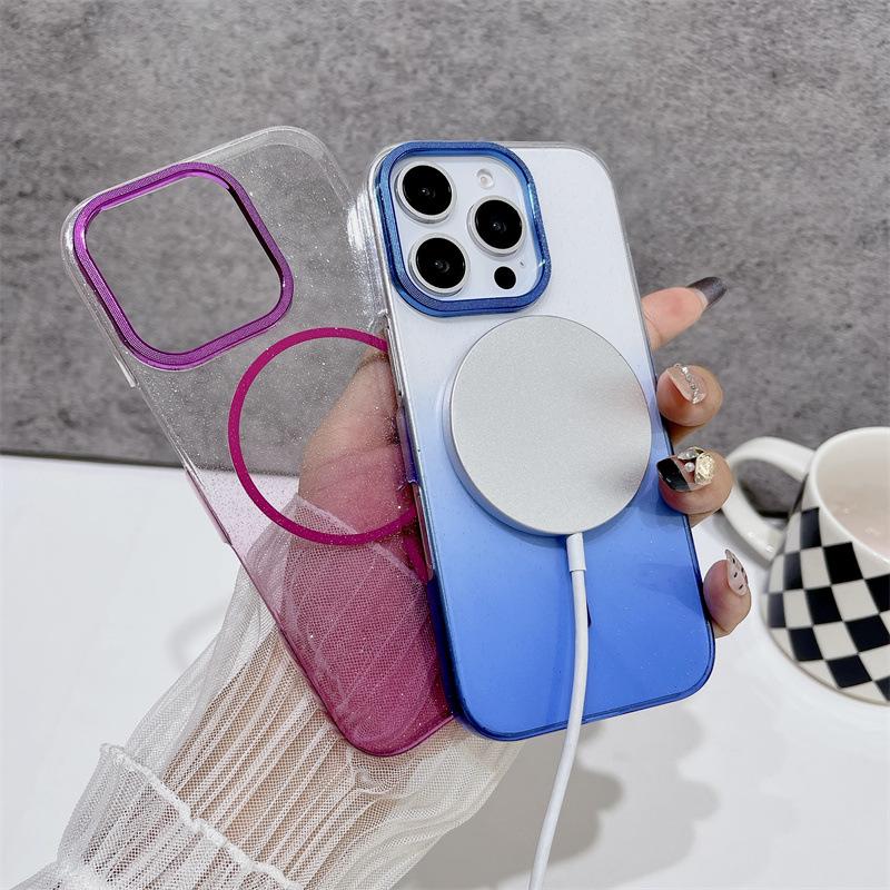 iPhone 17 Glitter Magnetic Case with Apple 16 Metal Lens Ring - 14 Pro Max Transparent Protective Cover