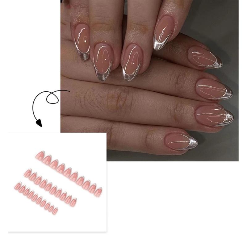 Silver French Tip Press On Nail Short Almond Full Cover False Nail Simple Stick on Nail Simple Artificial Nail