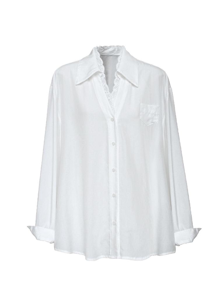 LUXI High-End French Polo Collar Lace Patchwork Women's Shirt - Spring New Arrival Temperament Top