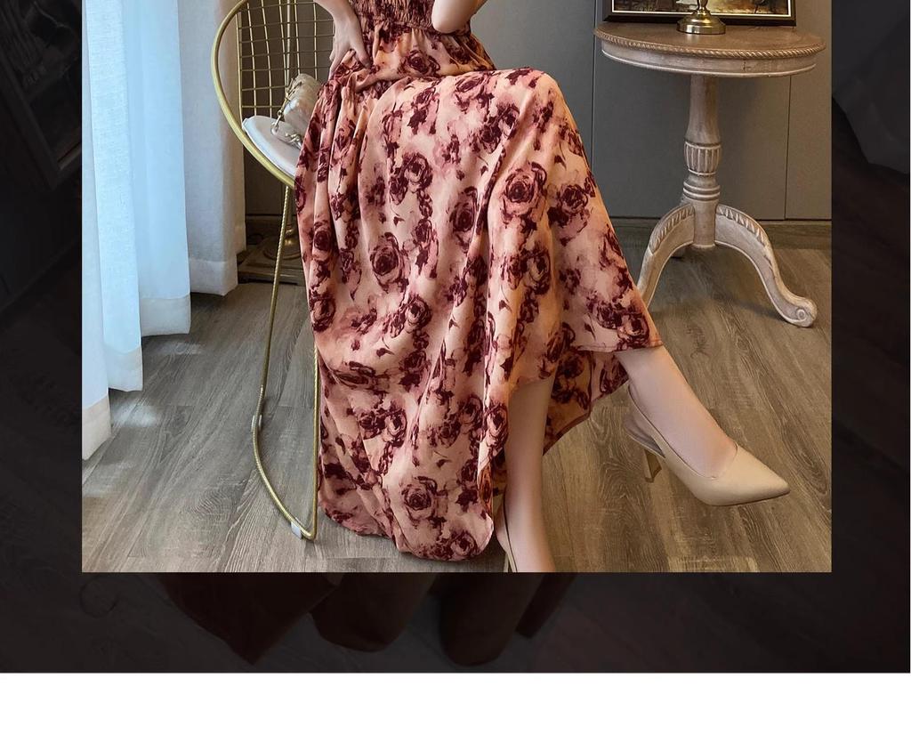 Women's Elegant French Floral Pleated Strappy Dress - Summer High Waist A-line Long Skirt