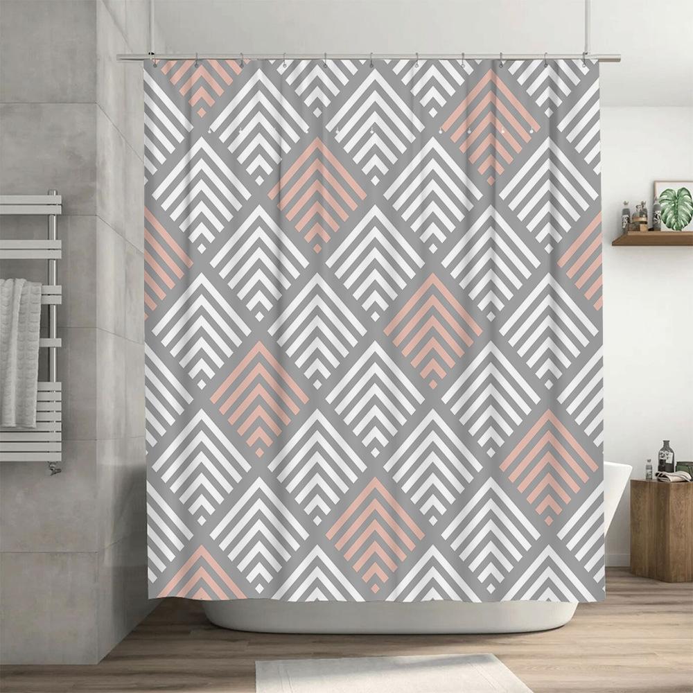 Gray and white geometric diamond shower curtain decorative bathroom decor set for modern home interiors