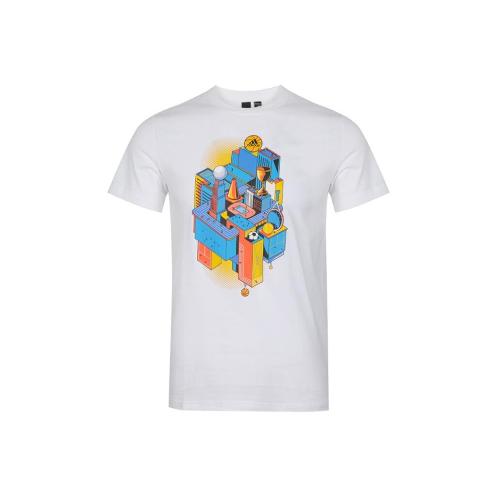 adidas Tricou cu gât rotund cu imprimeu grafic, respirabil, pentru bărbați, topuri, alb DY8714
