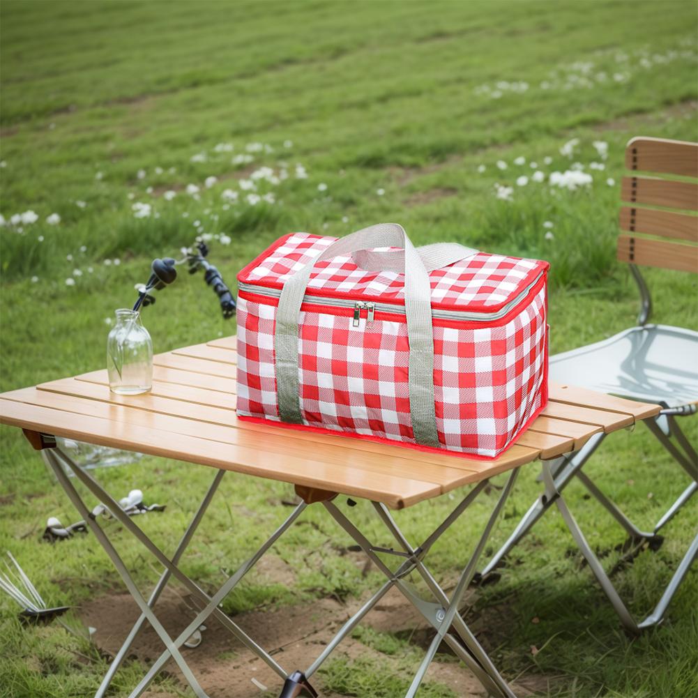 Checkered Picnic Bag Large Capacity Portable Ice Pack Bag Cold Protection Lunch Box Insulation Bag Waterproof for Camping Picnic