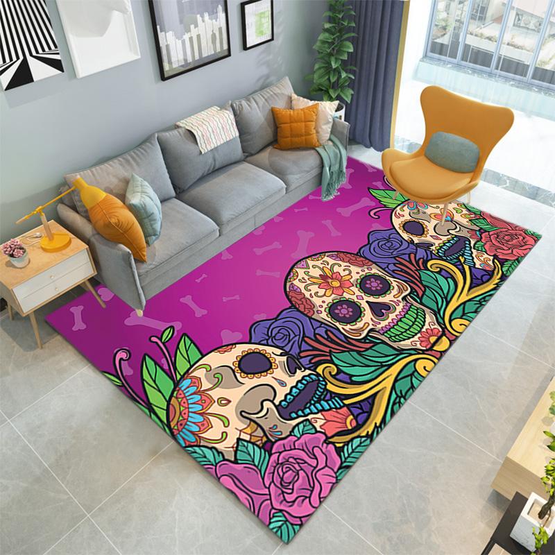 1 Stück Schädel Dunkel Gotisches Muster bedruckter Teppich für Wohnzimmer Schlafzimmer Zuhause Sofa Dekoration, Rutschfeste Fußmatte Bodenmatte