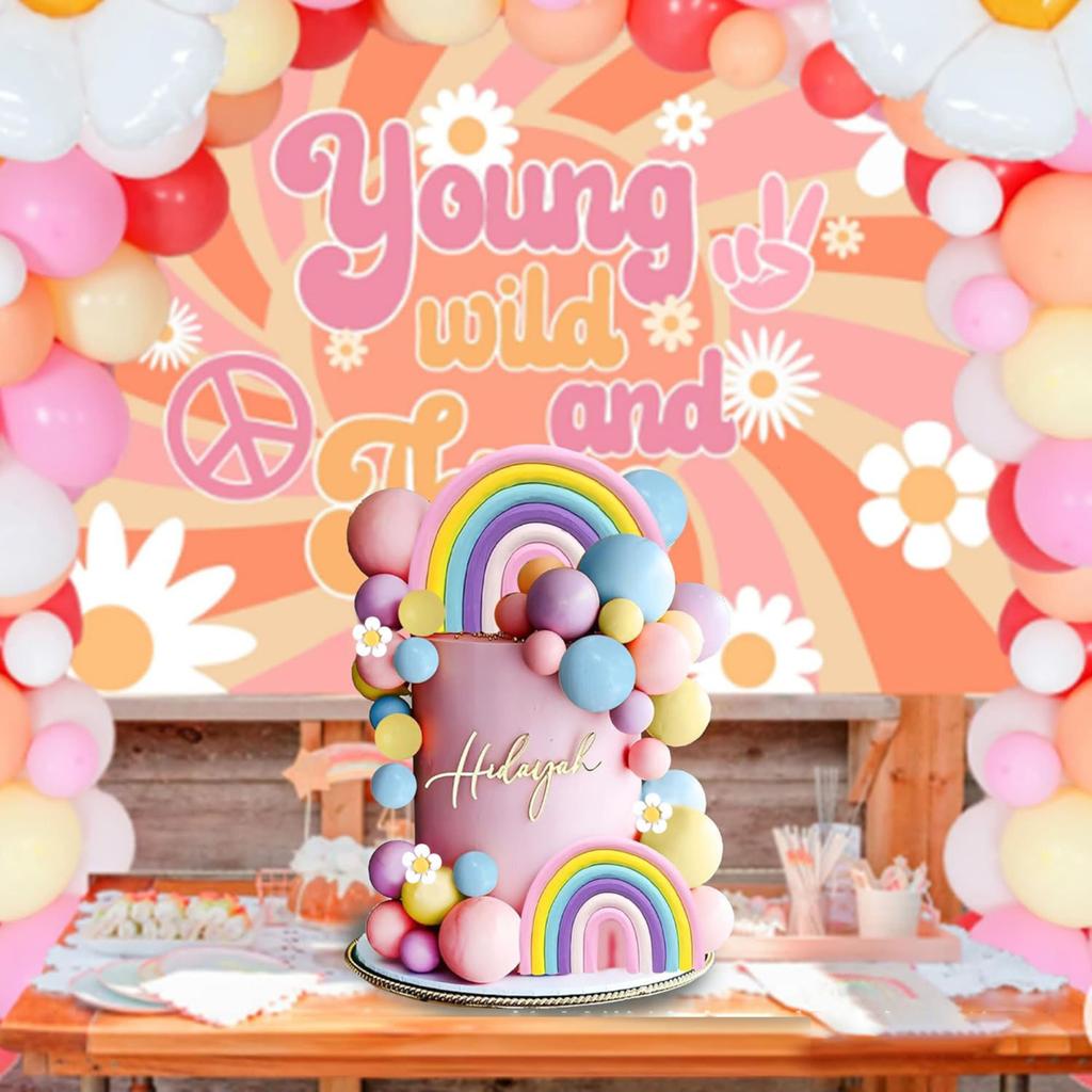 35 Pcs Cake Toppers Pastel Cake Topper with Flower Rainbow Balls Groovy Party Decorations for Birthday Wedding Party Supplies