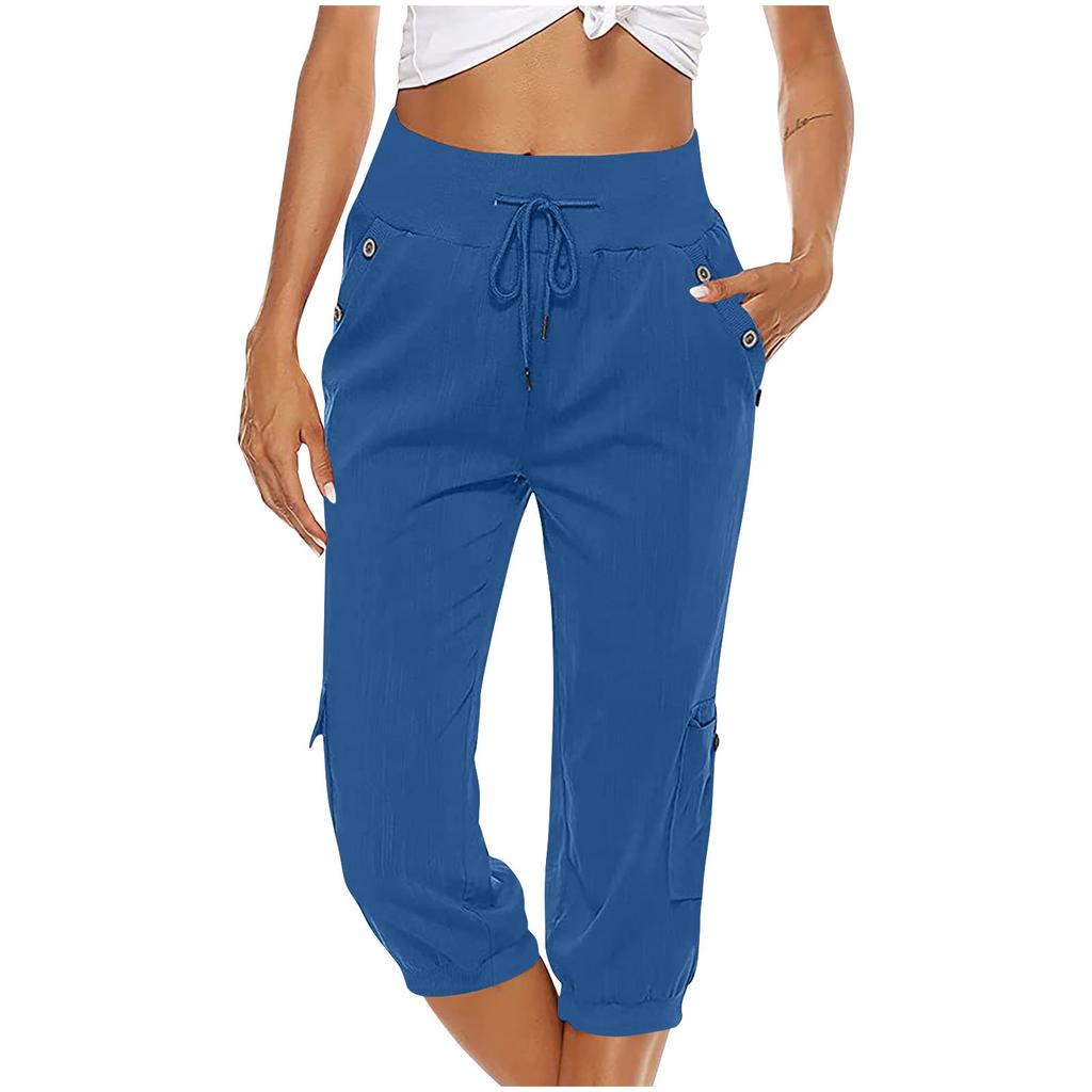 Women Drawstring Waist Loose Fit Cargo Capri Pants Wide Leg Straight Leg Casual Trousers with Pockets