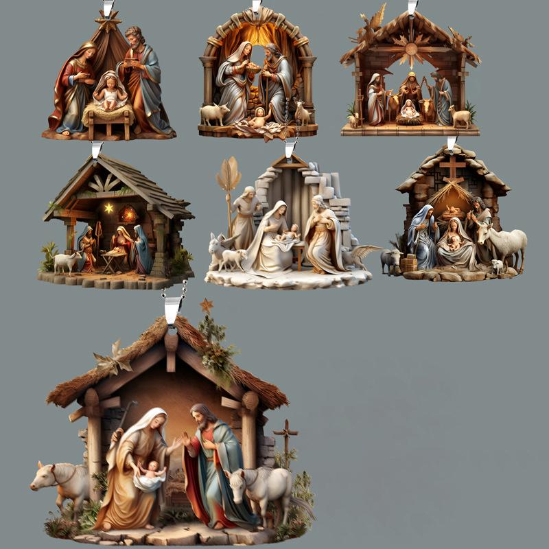 Christmas Tree Jesus Pendant Ornament Family Prayer Scene Pendant Bright Colored Car Decoration Pendant Home Decorations