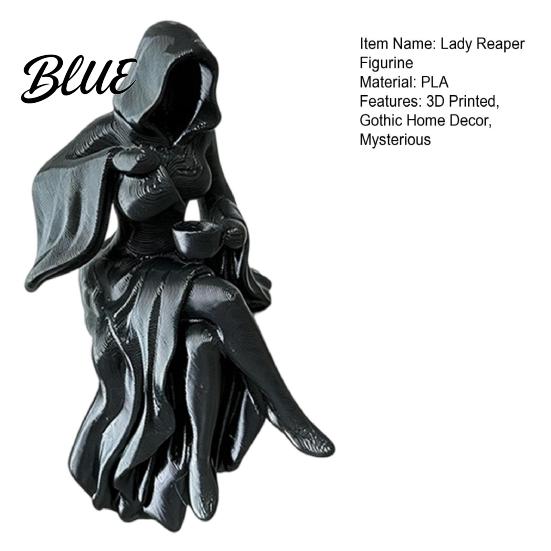 Hooded Girl Sculpture Gothic Reaper Lady Figurine 3D Printed Dark Fantasy Shelf Sitter Elegant Figurine Mysterious Black Robed Women Pouring Tea for