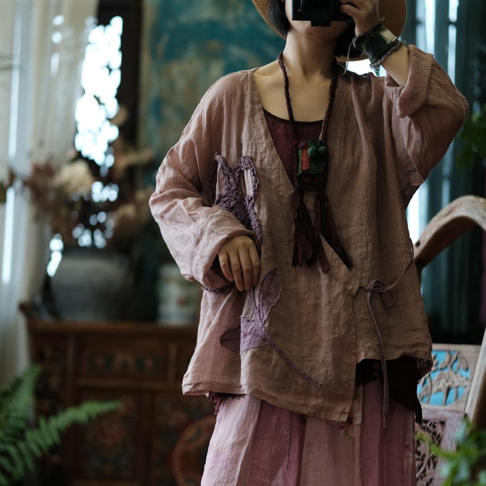 

Johnature Женские винтажные вышитые цветочные рубашки с V-образным вырезом и длинным рукавом в китайском стиле Блузки Топы Весенние рубашки One Size розовый