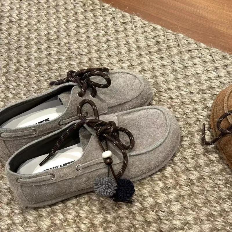 Fashion 2025 Autumn New Style Kangaroo Shoes Women's Slip-On Flat Bottom Lace-Up Detachable Pendant Loafers Casual Comfortable Footwear