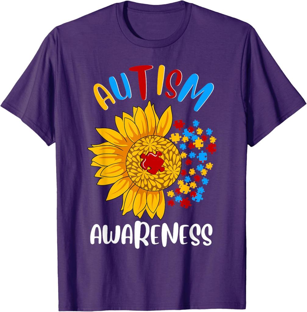 Autism Awareness Sunflower Print Cotton Casual Round Neck Short Sleeve T-Shirt Men Women