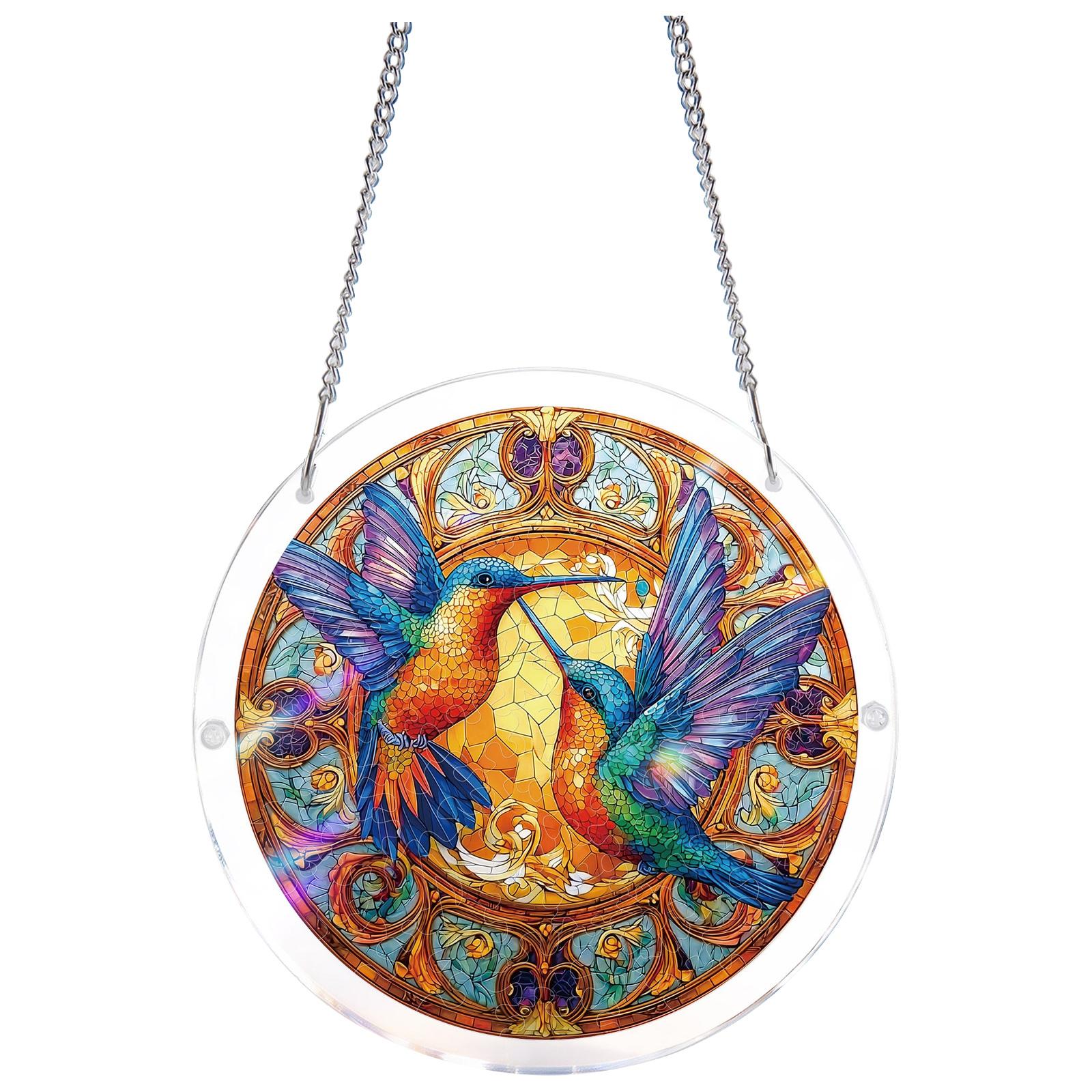 

Round Stained Glass Panel with Hummingbird Motif Hanging Suncatcher Window Decoration for Home Office Garden Display One Size чёрный