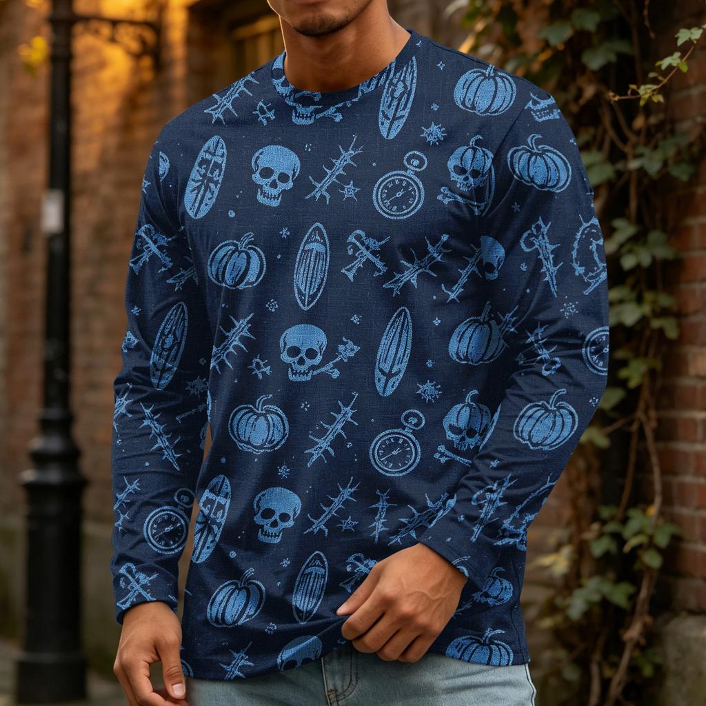 Men's Halloween Print Crewneck Long Sleeve T-Shirt for Casual Wear