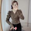 Classic Womens 3d Effect Bubble Sleeve Blouse With V Neck For Spring Fashion