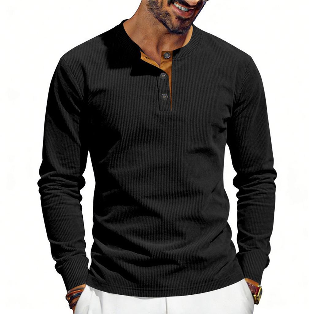 Men's Round Neck Single-Breasted Long-Sleeve Loose Casual Top