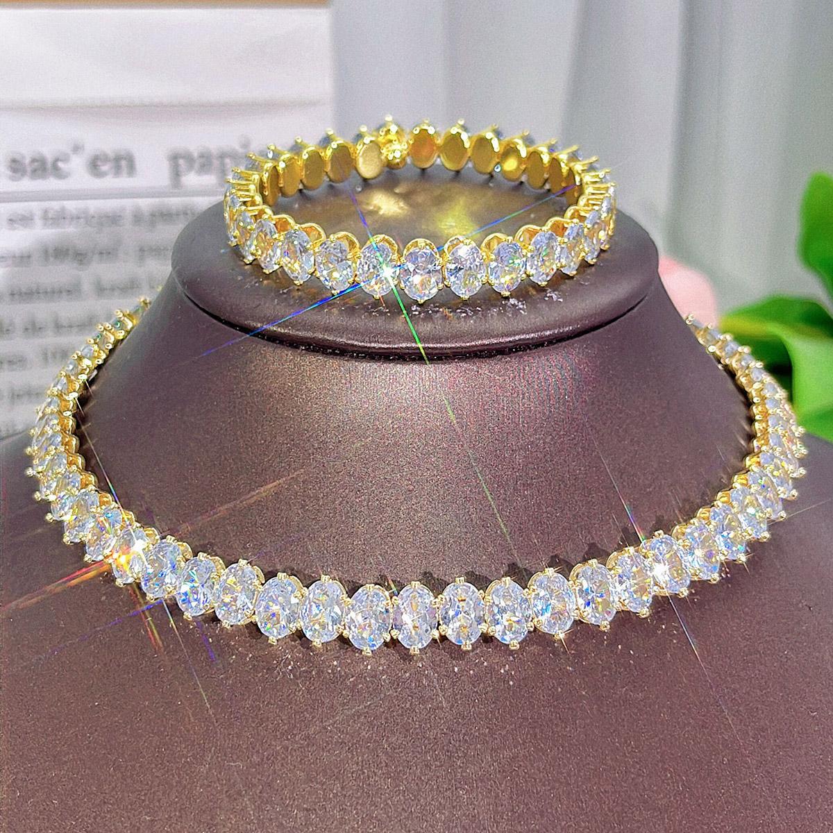 CMM 2 шт. Высокое качество свадебный комплект ювелирных изделий сверкающий овальный AAA CZ цирконий регулируемый открытый круглый колье-колье браслет для женщин золотой