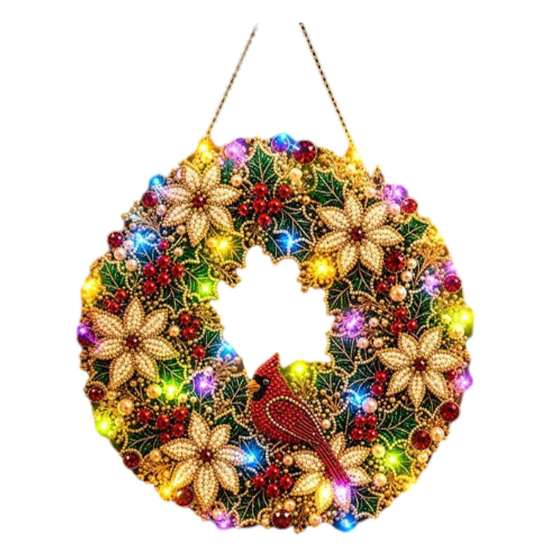 Handgefertigter festlicher Heimdekorations-Weihnachts-Diamantmalerei-Kranz-Bausatz mit LED-Lichterkette, Schneemann-Perlenkunst beleuchtete Türdekoration für Erwachsene,