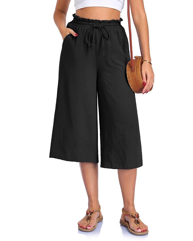 Women's Solid Color Wide-Leg Cropped Pants with Elastic Waistband and Pockets